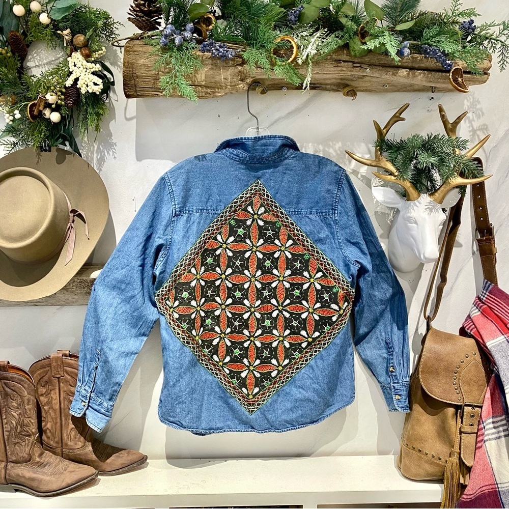 Upcycled Holiday Christmas embroidered denim boho shirt w country cabin vibe